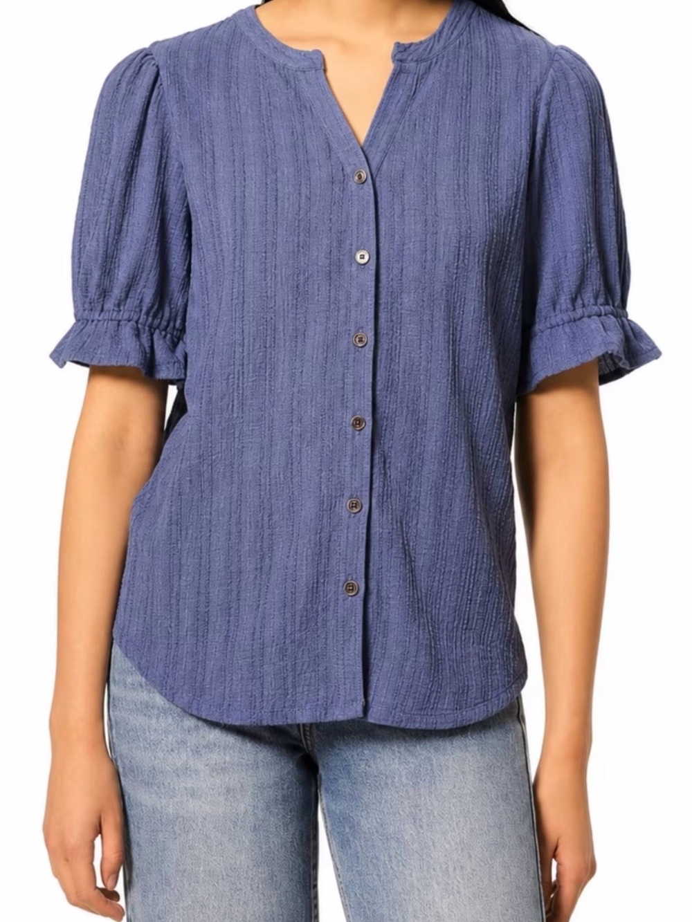 Cable & Gauge Textured Button-Front Blouse - Vintage Indigo Womens Large NWT